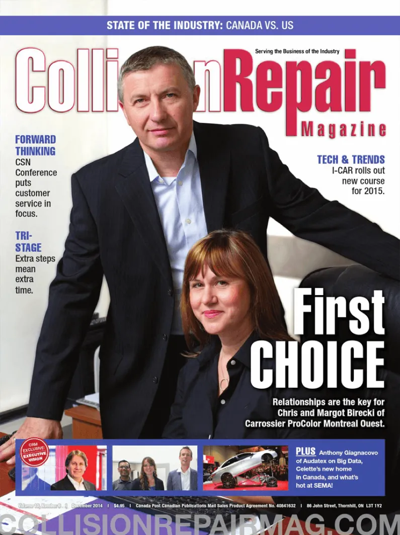 Collision Repair Magazine cover featuring the owners of Carrossier ProColor Montreal Ouest